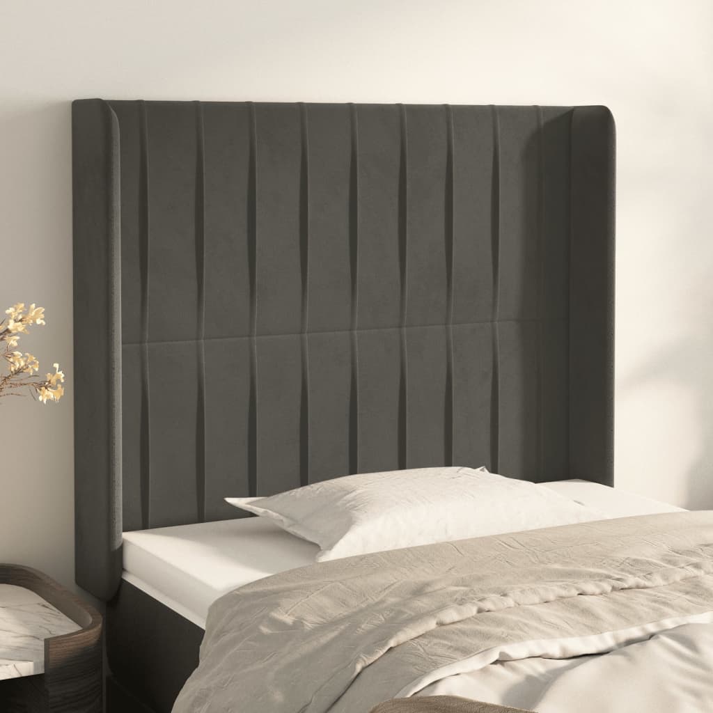 sengegavl med kanter 103x16x118/128 cm fløjl mørkegrå