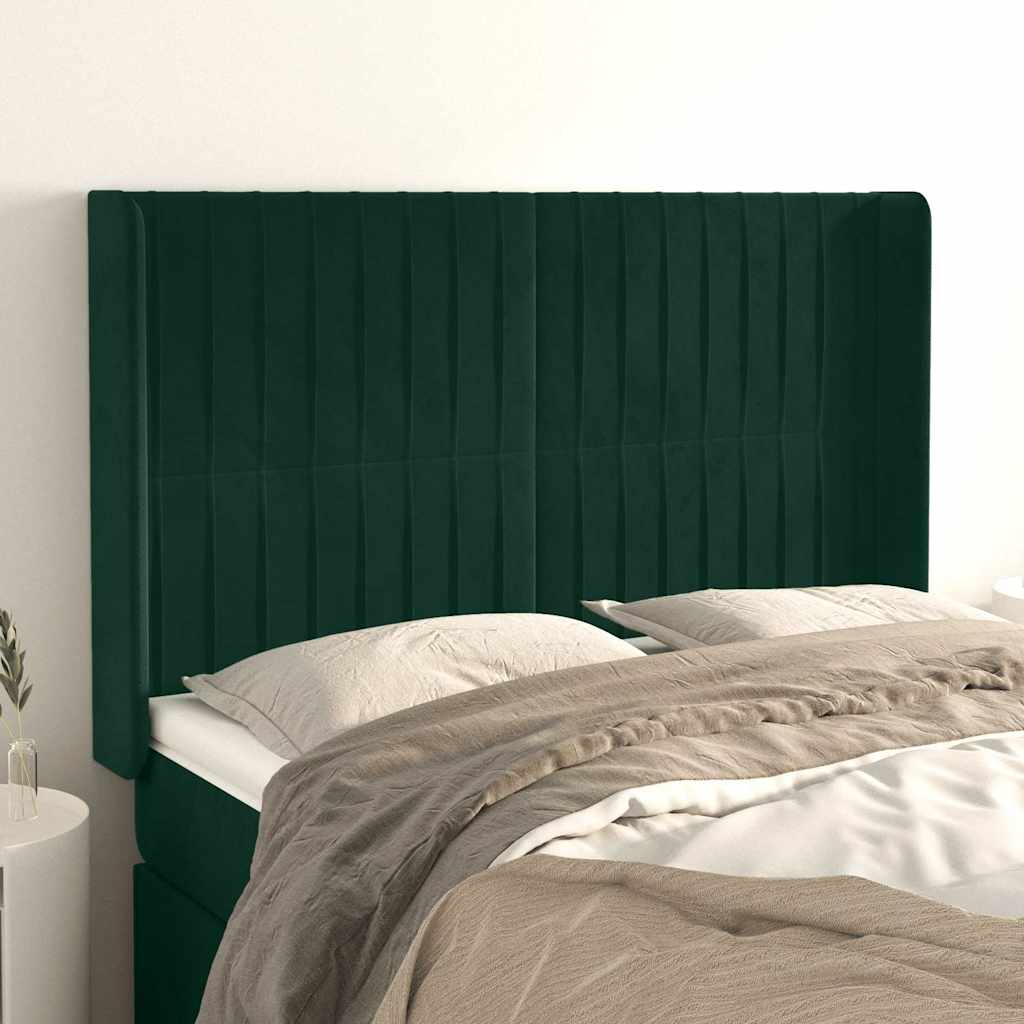 sengegavl med kanter 147x16x118/128 cm fløjl mørkegrøn
