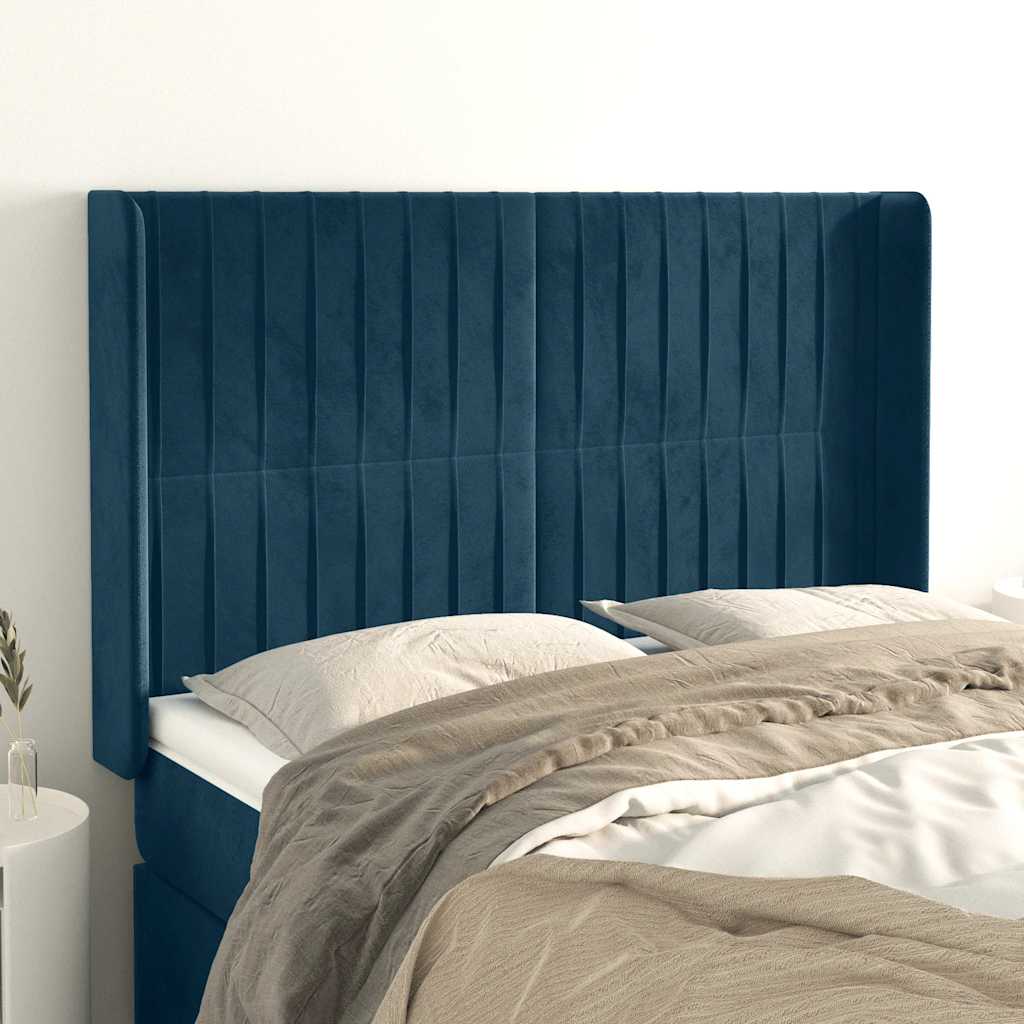 sengegavl med kanter 147x16x118/128 cm fløjl mørkeblå