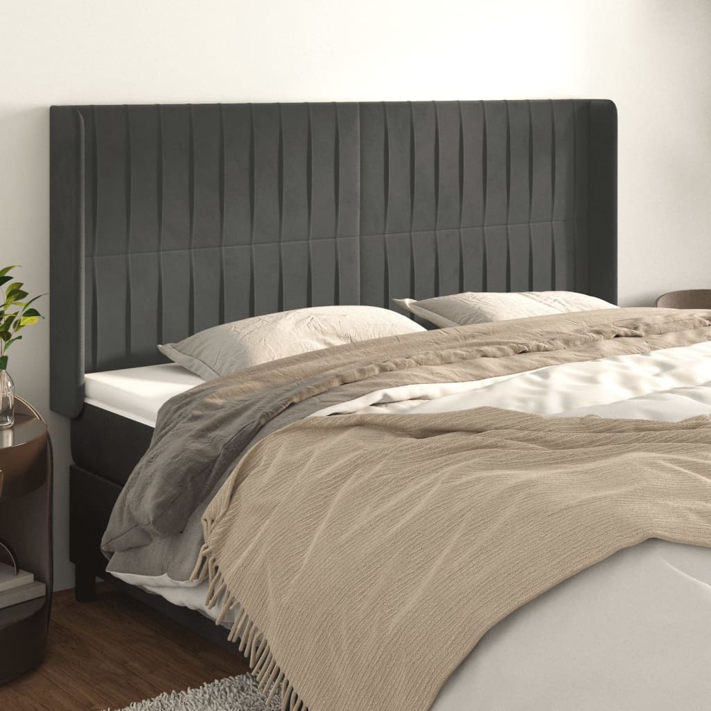 sengegavl med kanter 203x16x118/128 cm fløjl mørkegrå