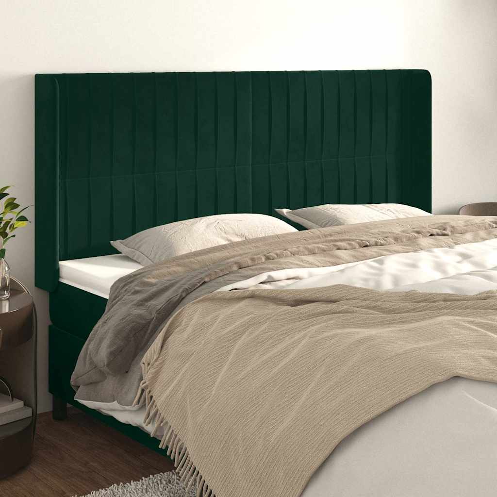 sengegavl med kanter 203x16x118/128 cm fløjl mørkegrøn