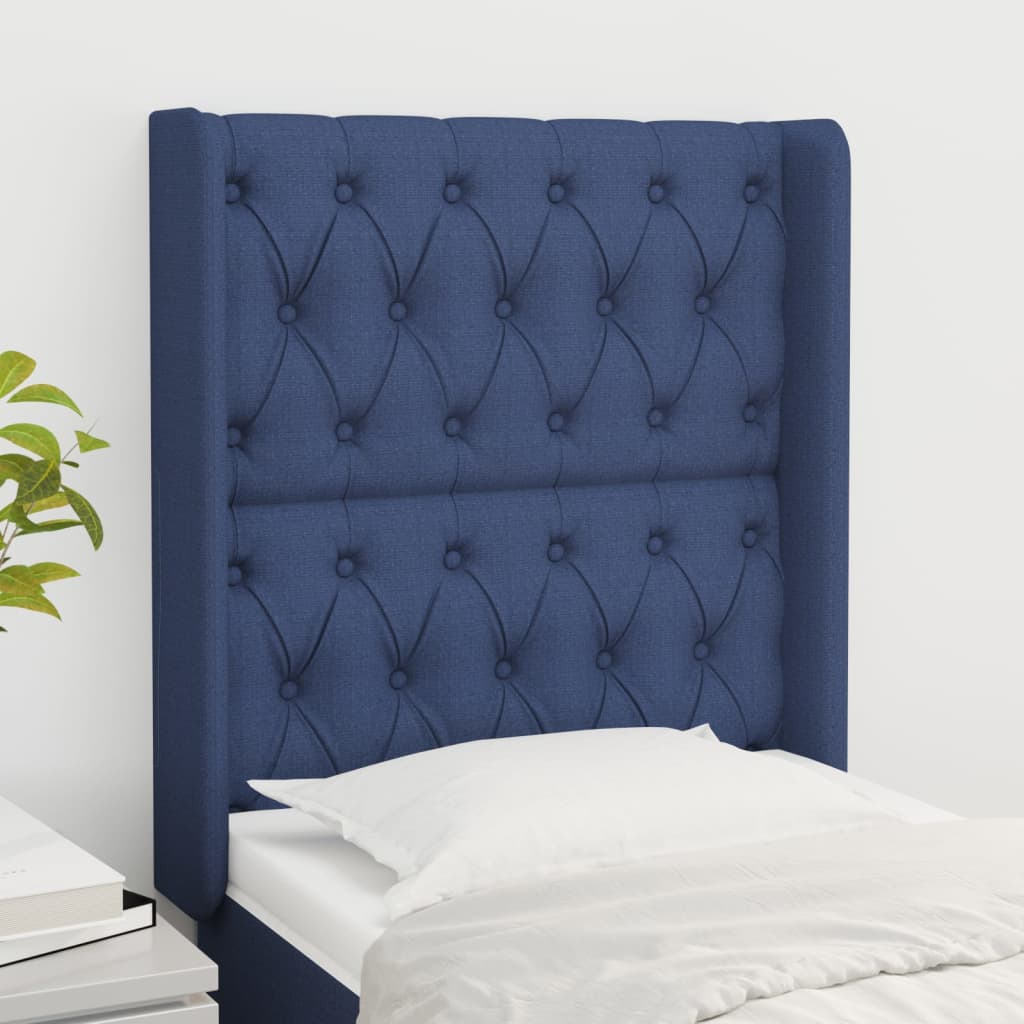 sengegavl med kanter 83x16x118/128 cm stof blå