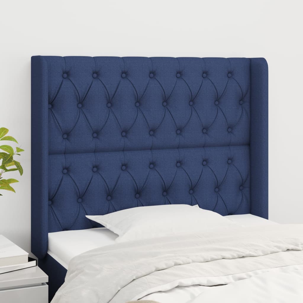 sengegavl med kanter 93x16x118/128 cm stof blå