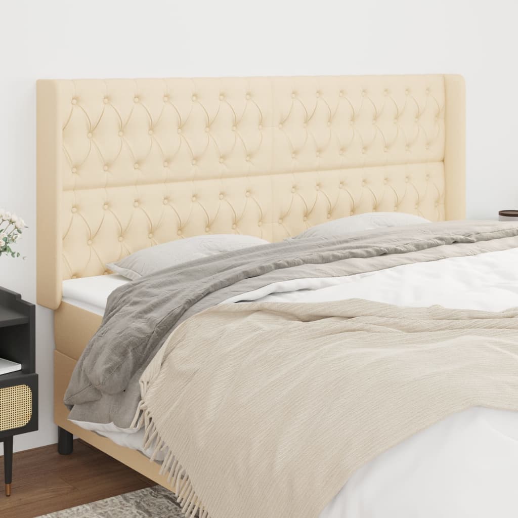sengegavl med kanter 183x16x118/128 cm stof cremefarvet