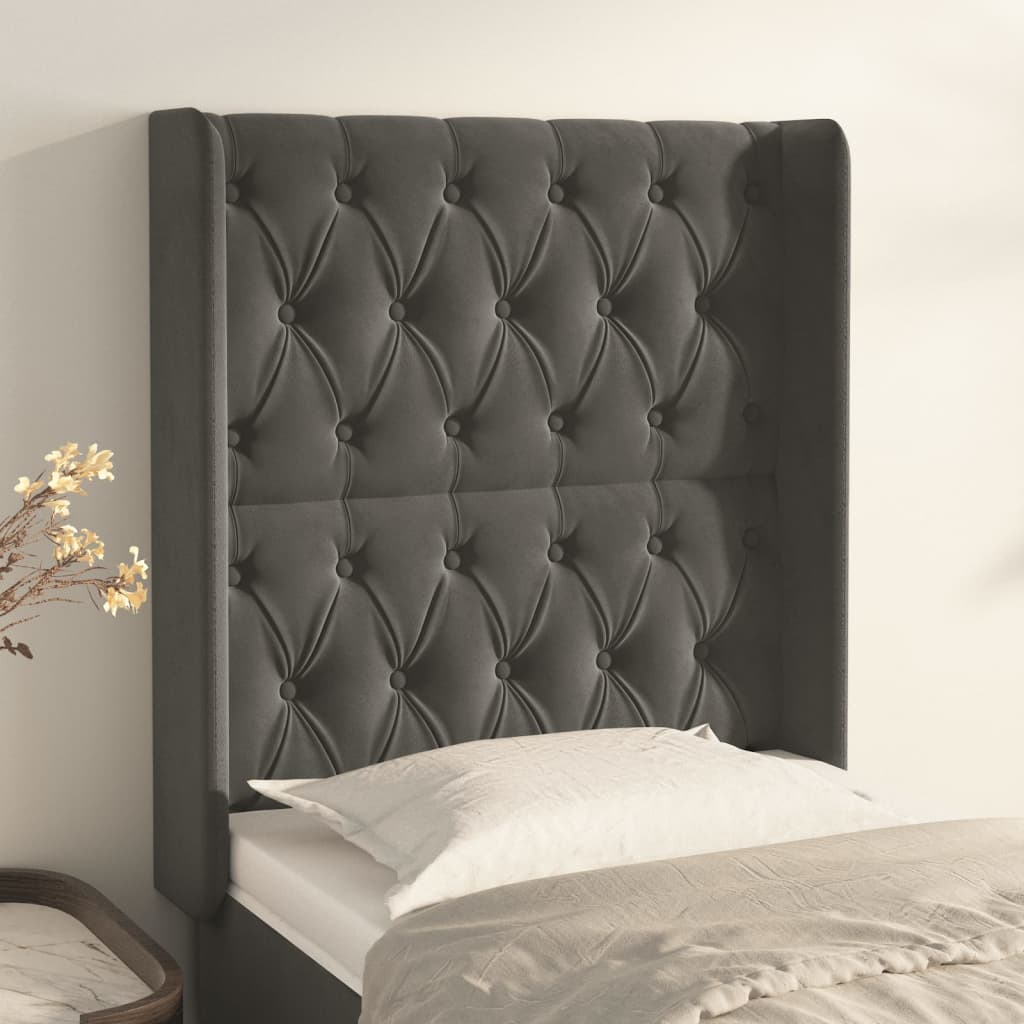 sengegavl med kanter 83x16x118/128 cm fløjl mørkegrå