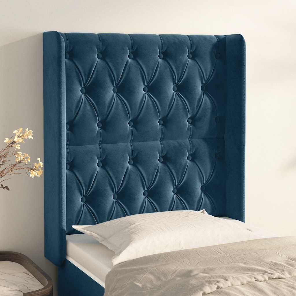 sengegavl med kanter 83x16x118/128 cm fløjl mørkeblå