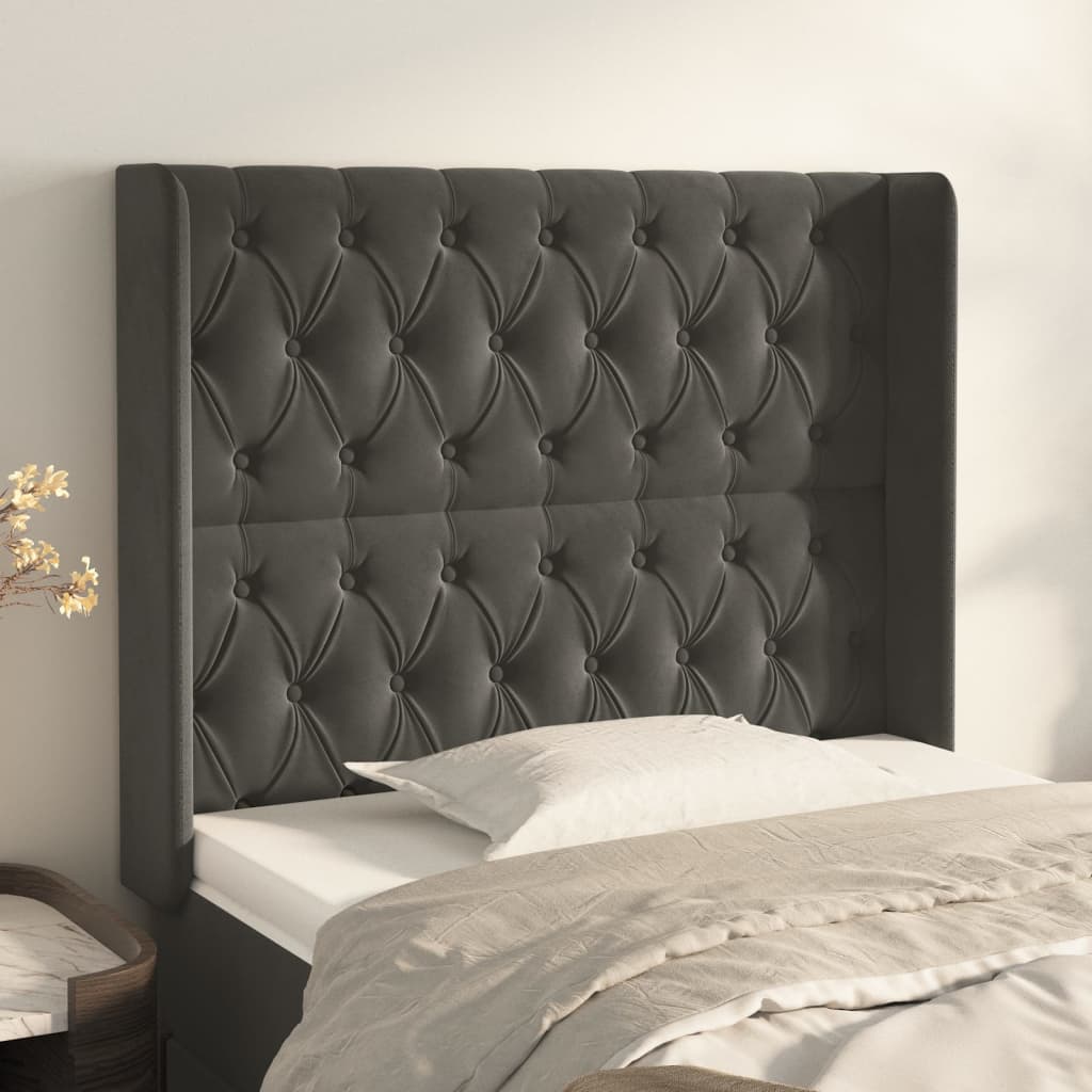 sengegavl med kanter 93x16x118/128 cm fløjl mørkegrå