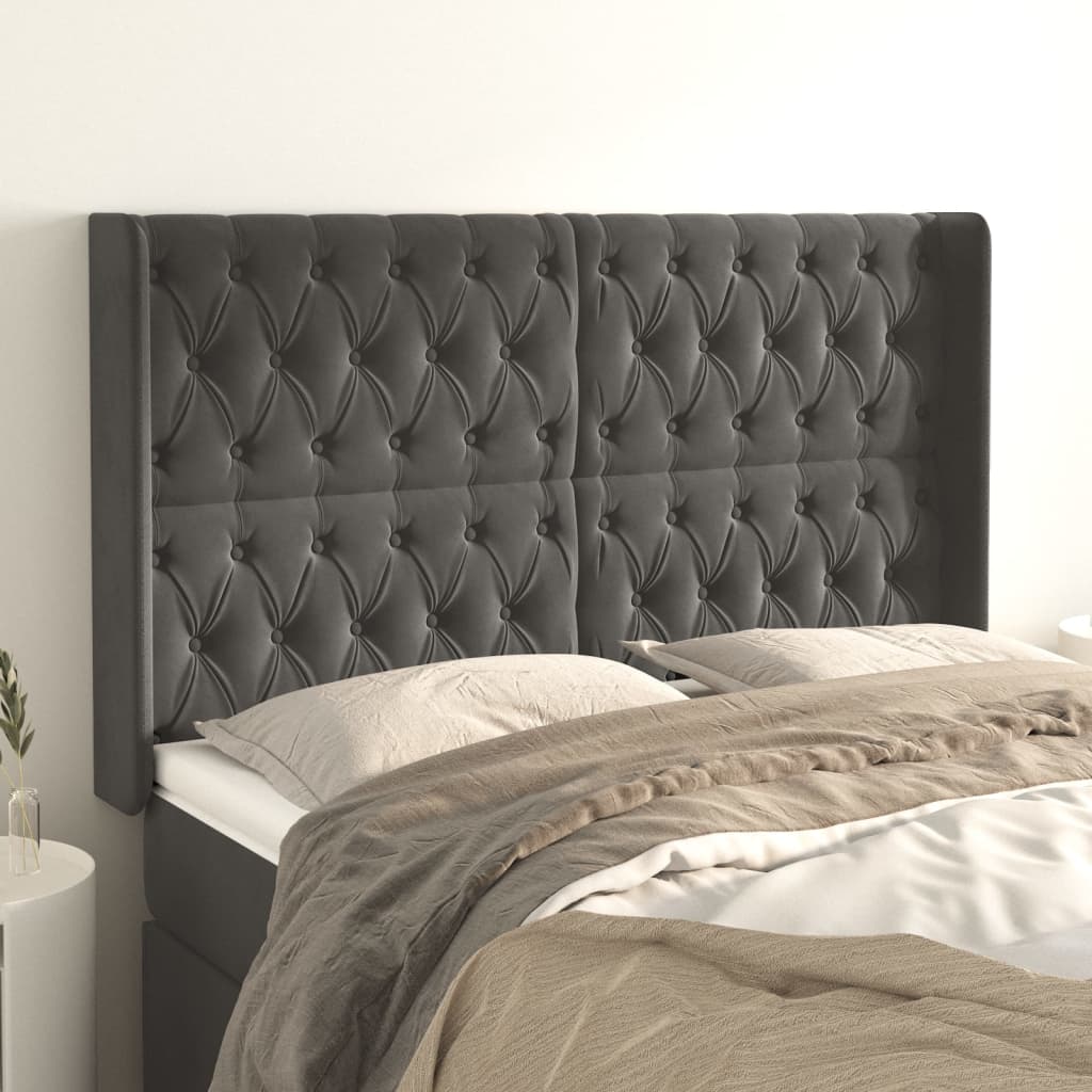 sengegavl med kanter 147x16x118/128 cm fløjl mørkegrå