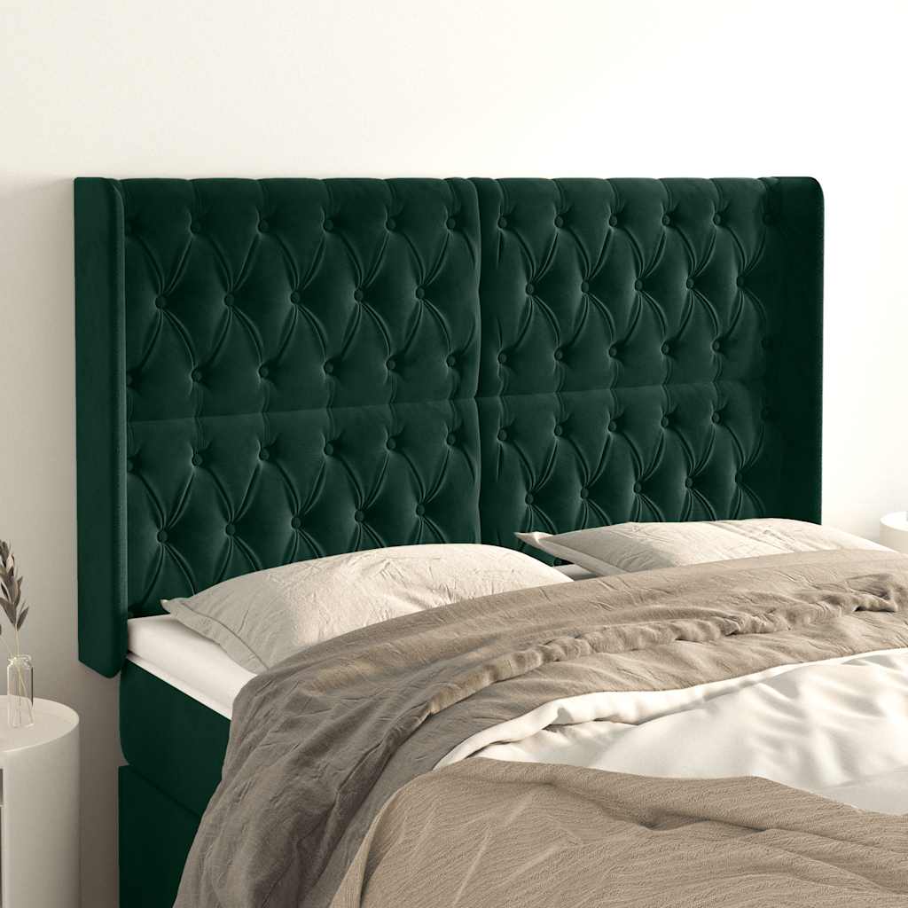 sengegavl med kanter 147x16x118/128 cm fløjl mørkegrøn