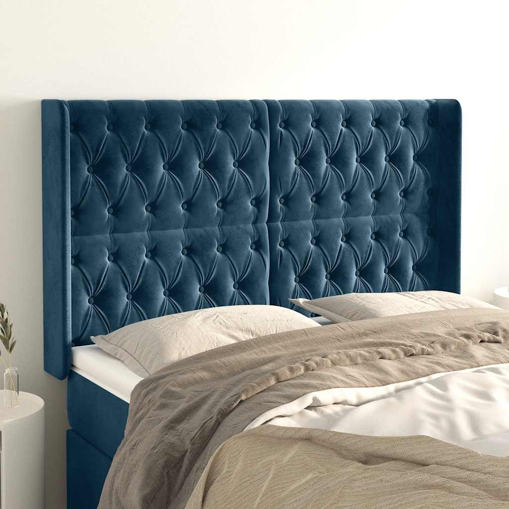sengegavl med kanter 147x16x118/128 cm fløjl mørkeblå