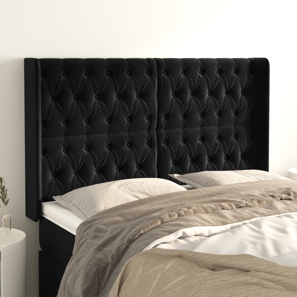 sengegavl med kanter 163x16x118/128 cm fløjl sort
