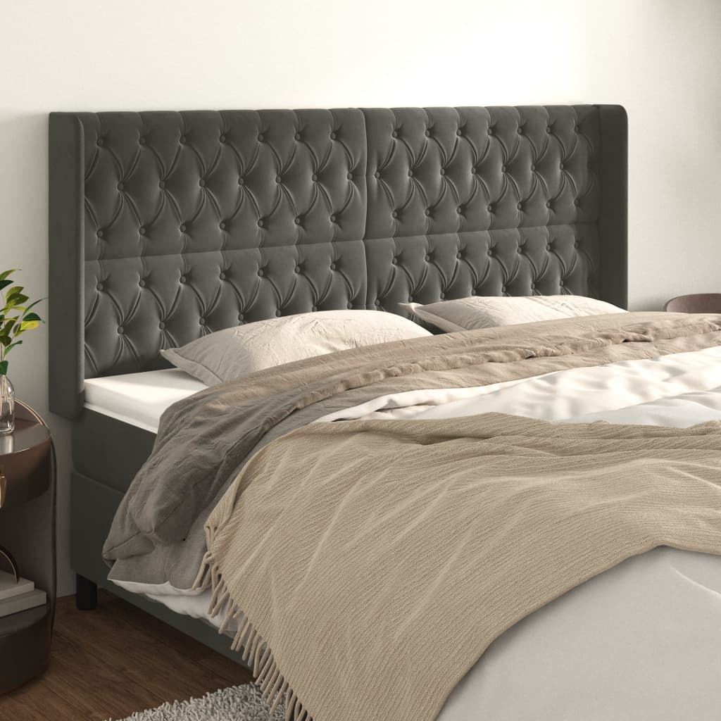 sengegavl med kanter 183x16x118/128 cm fløjl mørkegrå