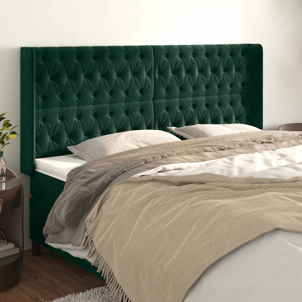 sengegavl med kanter 203x16x118/128 cm fløjl mørkegrøn