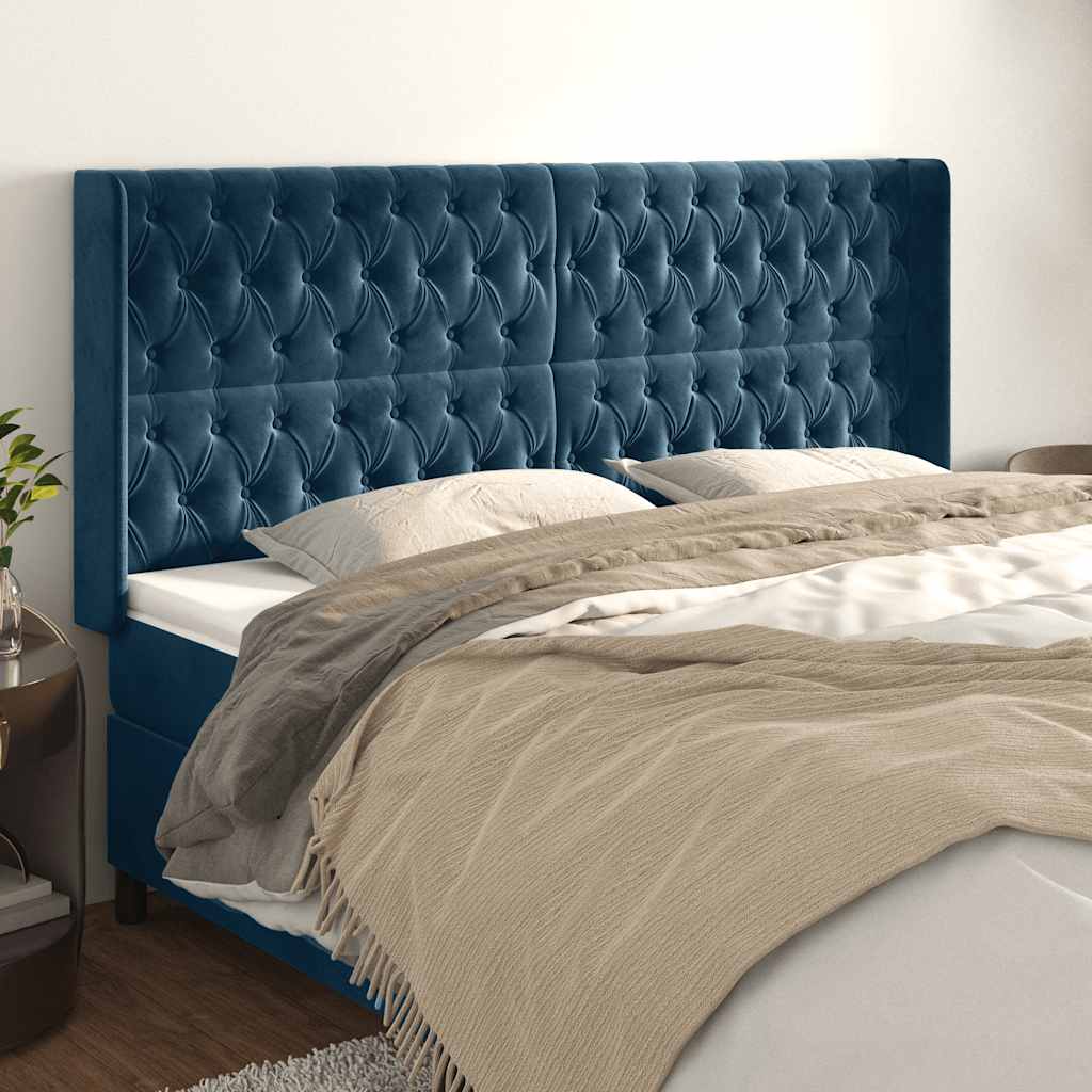 sengegavl med kanter 203x16x118/128 cm fløjl mørkeblå