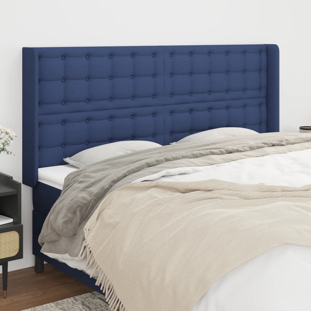 sengegavl med kanter 203x16x118/128 cm stof blå