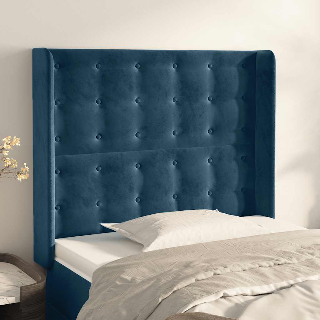 sengegavl med kanter 83x16x118/128 cm fløjl mørkeblå