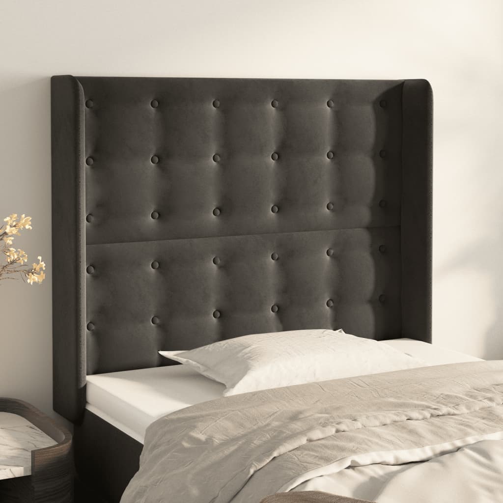 sengegavl med kanter 103x16x118/128 cm fløjl mørkegrå