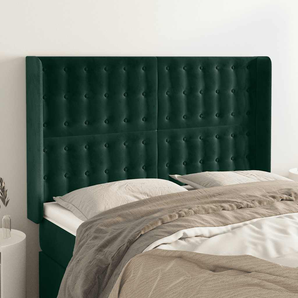 sengegavl med kanter 147x16x118/128 cm fløjl mørkegrøn