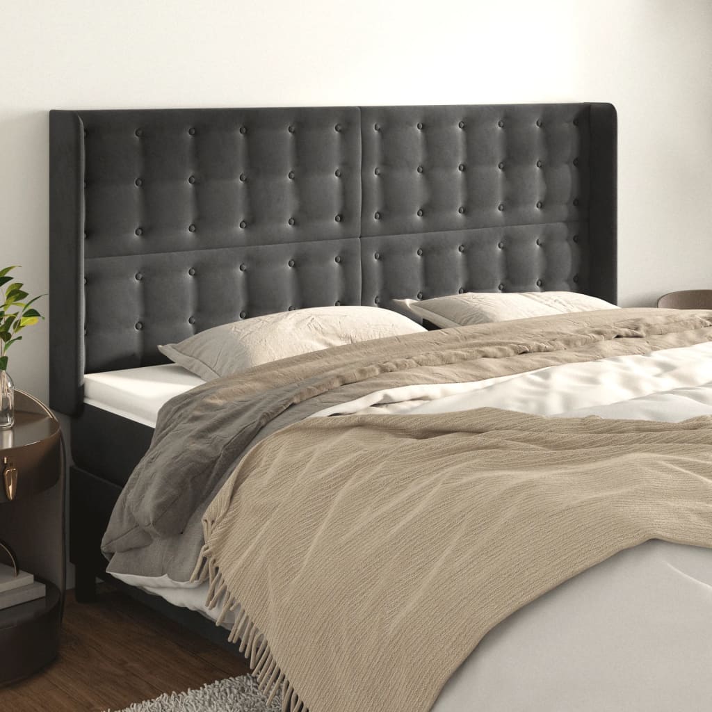 sengegavl med kanter 203x16x118/128 cm fløjl mørkegrå