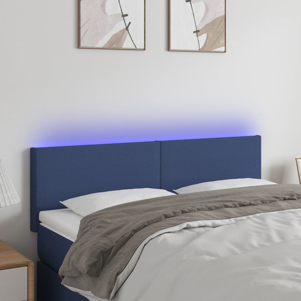 sengegavl med LED-lys 144x5x78/88 cm stof blå