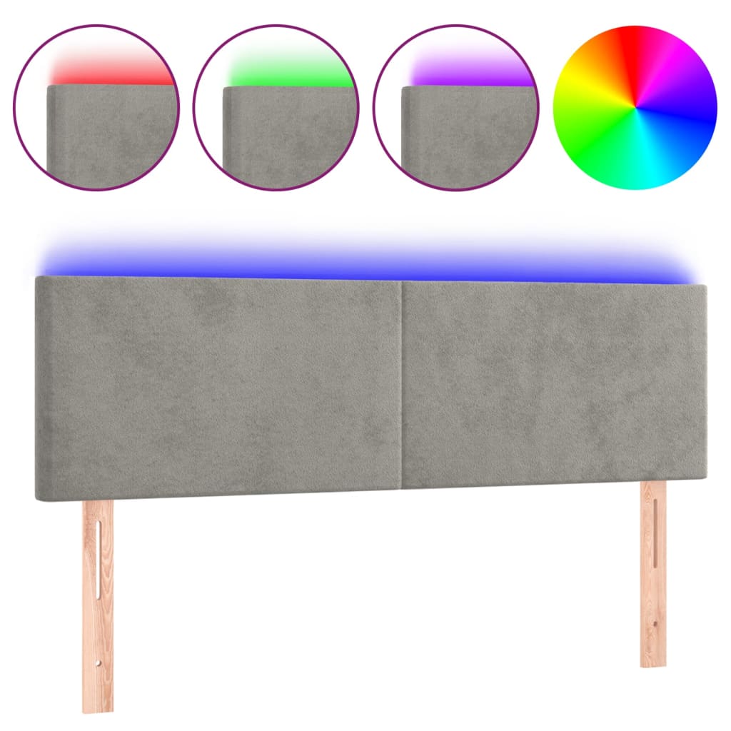 sengegavl med LED-lys 144x5x78/88 cm fløjl lysegrå