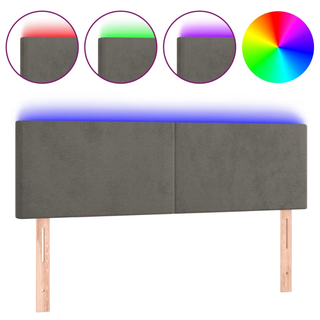sengegavl med LED-lys 144x5x78/88 cm fløjl mørkegrå