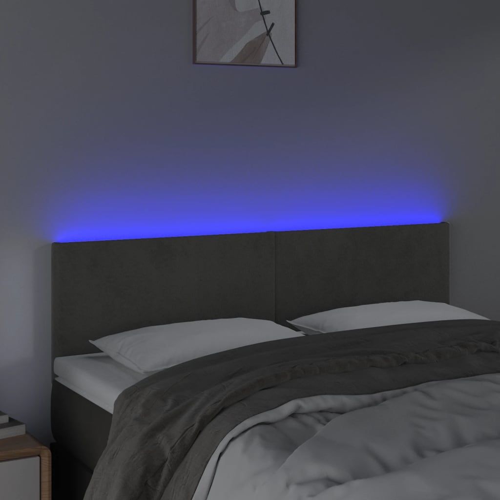 sengegavl med LED-lys 144x5x78/88 cm fløjl mørkegrå