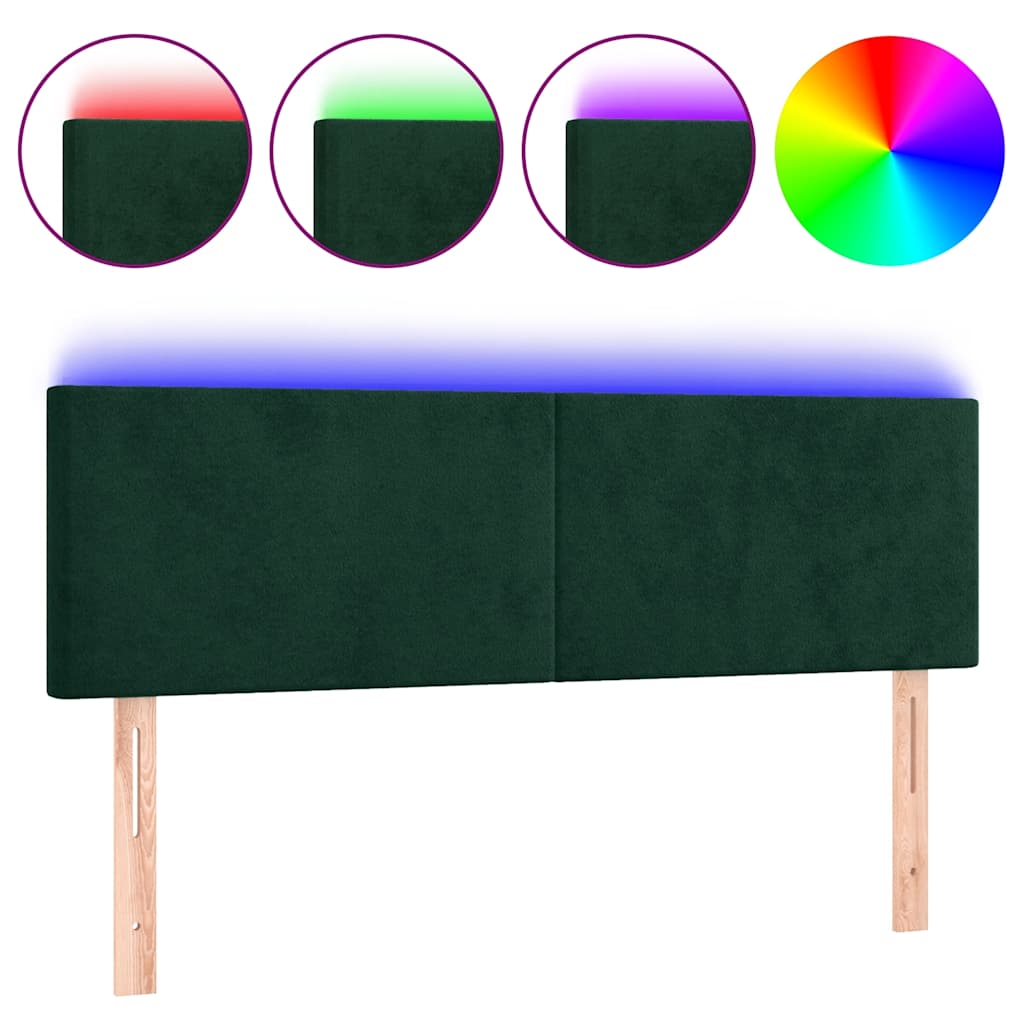 sengegavl med LED-lys 144x5x78/88 cm fløjl mørkegrøn