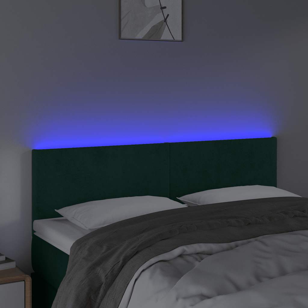 sengegavl med LED-lys 144x5x78/88 cm fløjl mørkegrøn