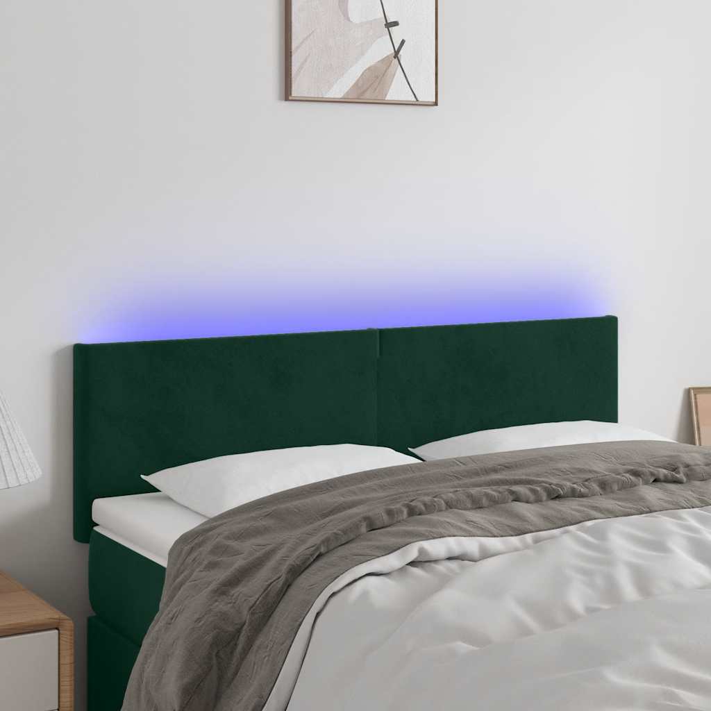 sengegavl med LED-lys 144x5x78/88 cm fløjl mørkegrøn
