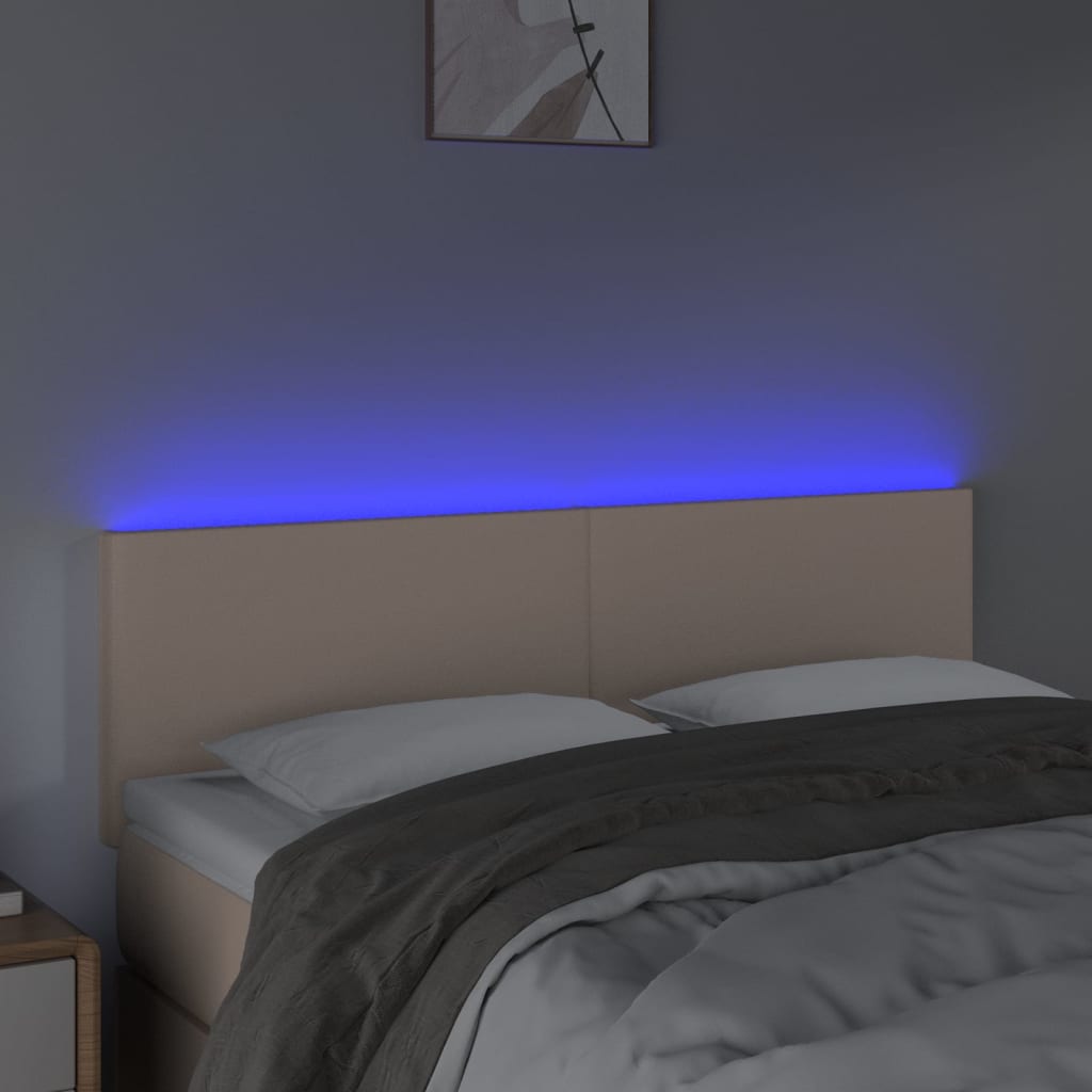 sengegavl med LED-lys 144x5x78/88cm kunstlæder cappuccinofarvet