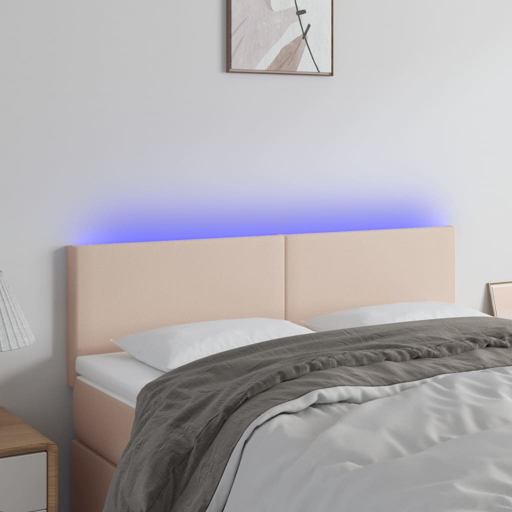 sengegavl med LED-lys 144x5x78/88cm kunstlæder cappuccinofarvet