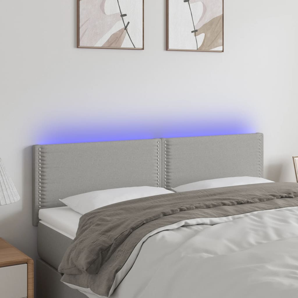 sengegavl med LED-lys 144x5x78/88 cm stof lysegrå