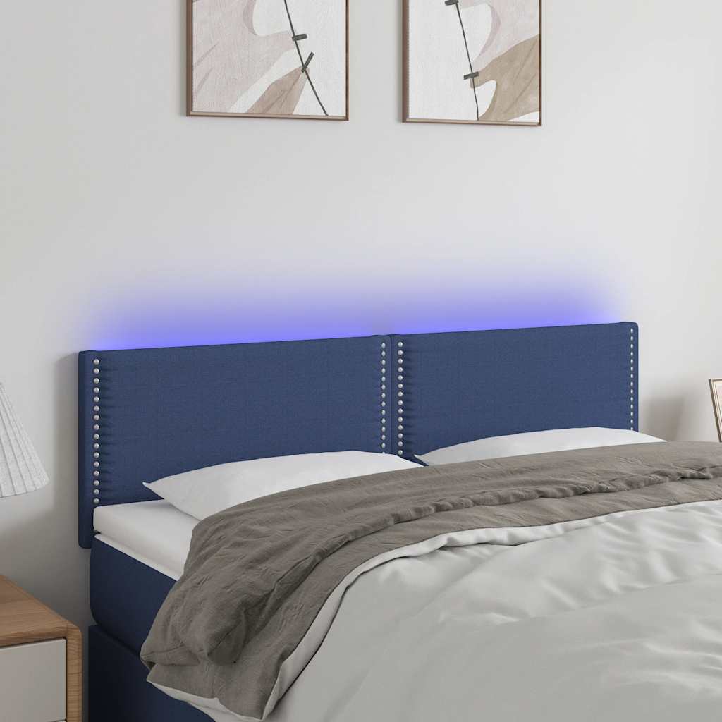 sengegavl med LED-lys 144x5x78/88 cm stof blå