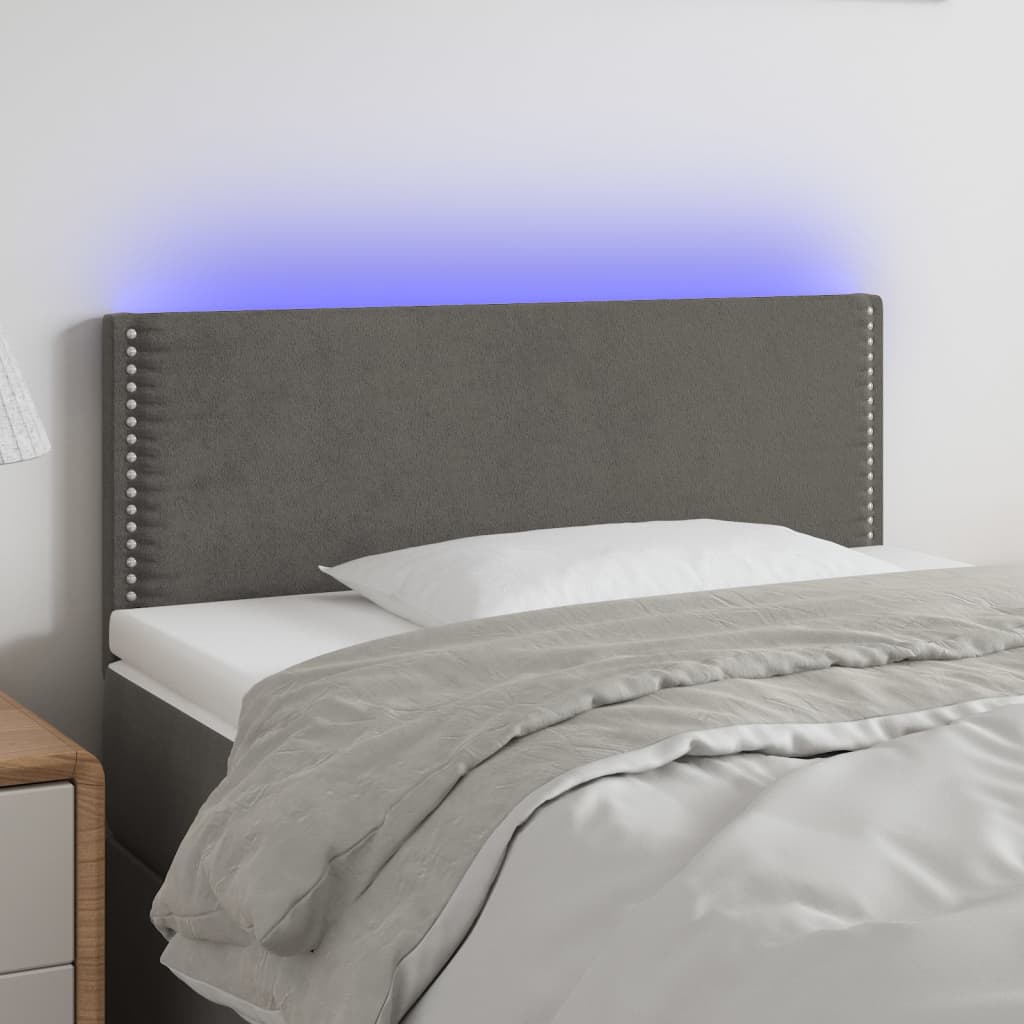 sengegavl med LED-lys 100x5x78/88 cm fløjl mørkegrå