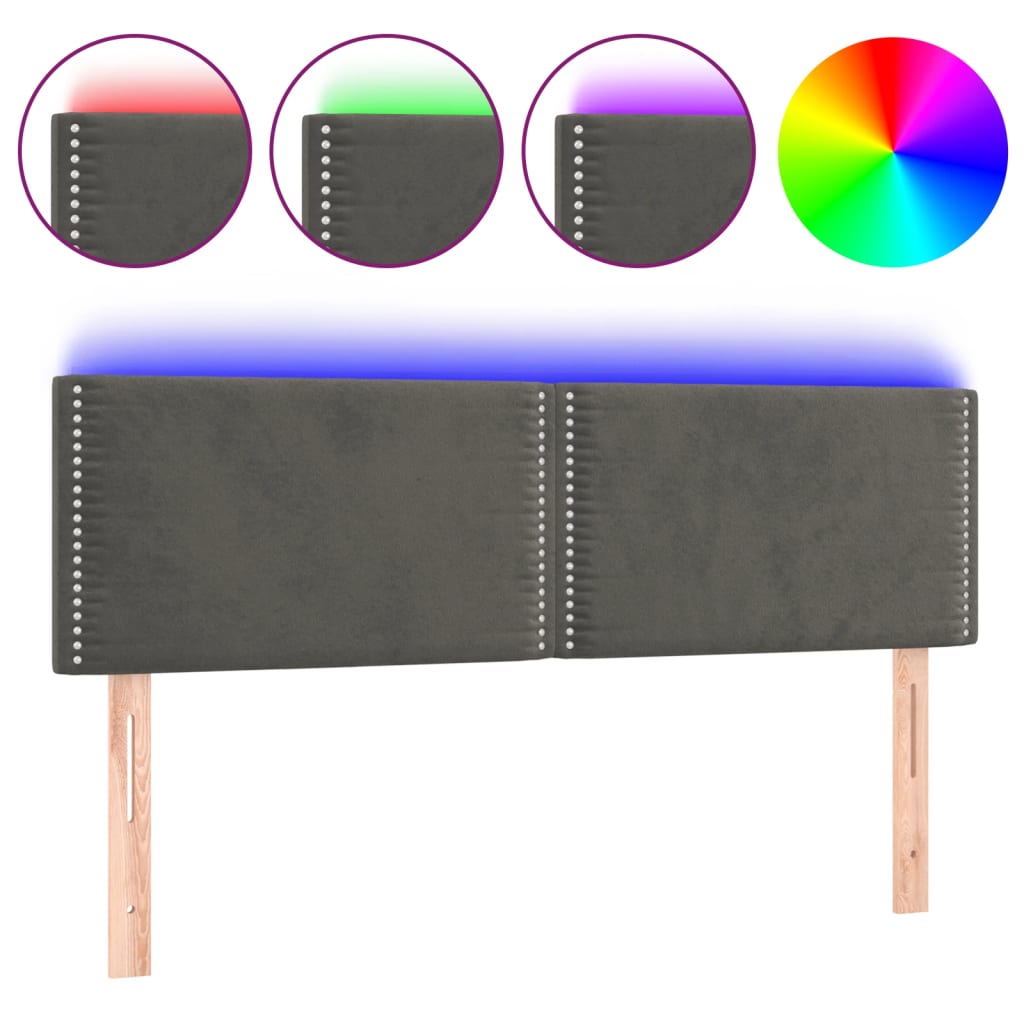 sengegavl med LED-lys 144x5x78/88 cm fløjl mørkegrå
