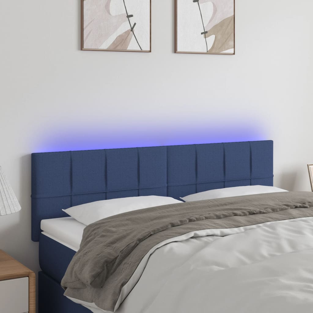 sengegavl med LED-lys 144x5x78/88 cm stof blå