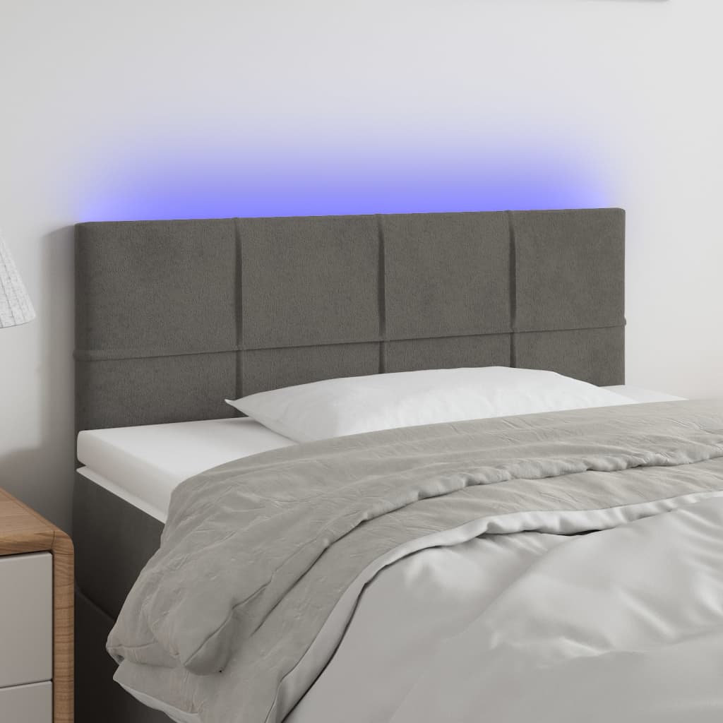 sengegavl med LED-lys 100x5x78/88 cm fløjl mørkegrå