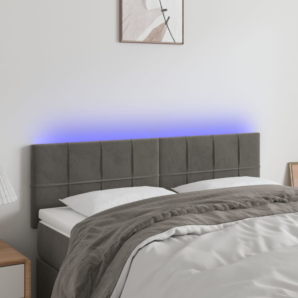 sengegavl med LED-lys 144x5x78/88 cm fløjl mørkegrå