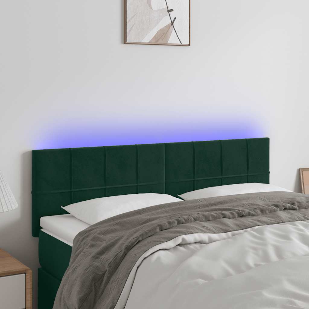 sengegavl med LED-lys 144x5x78/88 cm fløjl mørkegrøn
