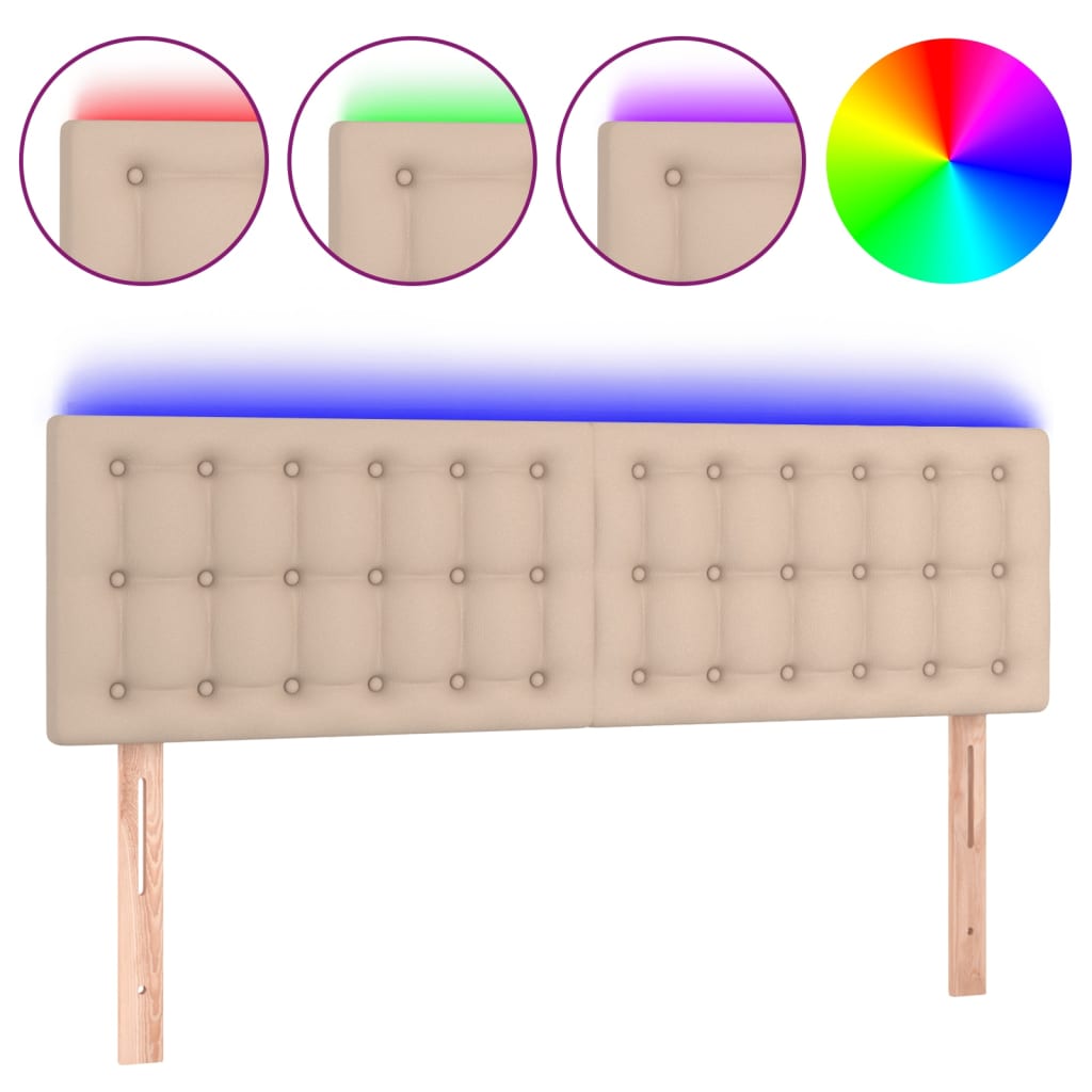 sengegavl med LED-lys 144x5x78/88cm kunstlæder cappuccinofarvet