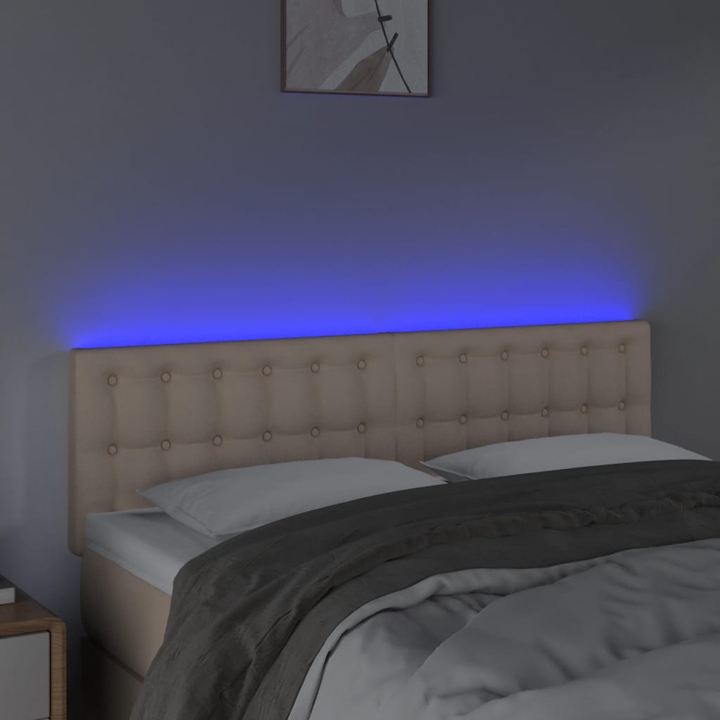 sengegavl med LED-lys 144x5x78/88cm kunstlæder cappuccinofarvet