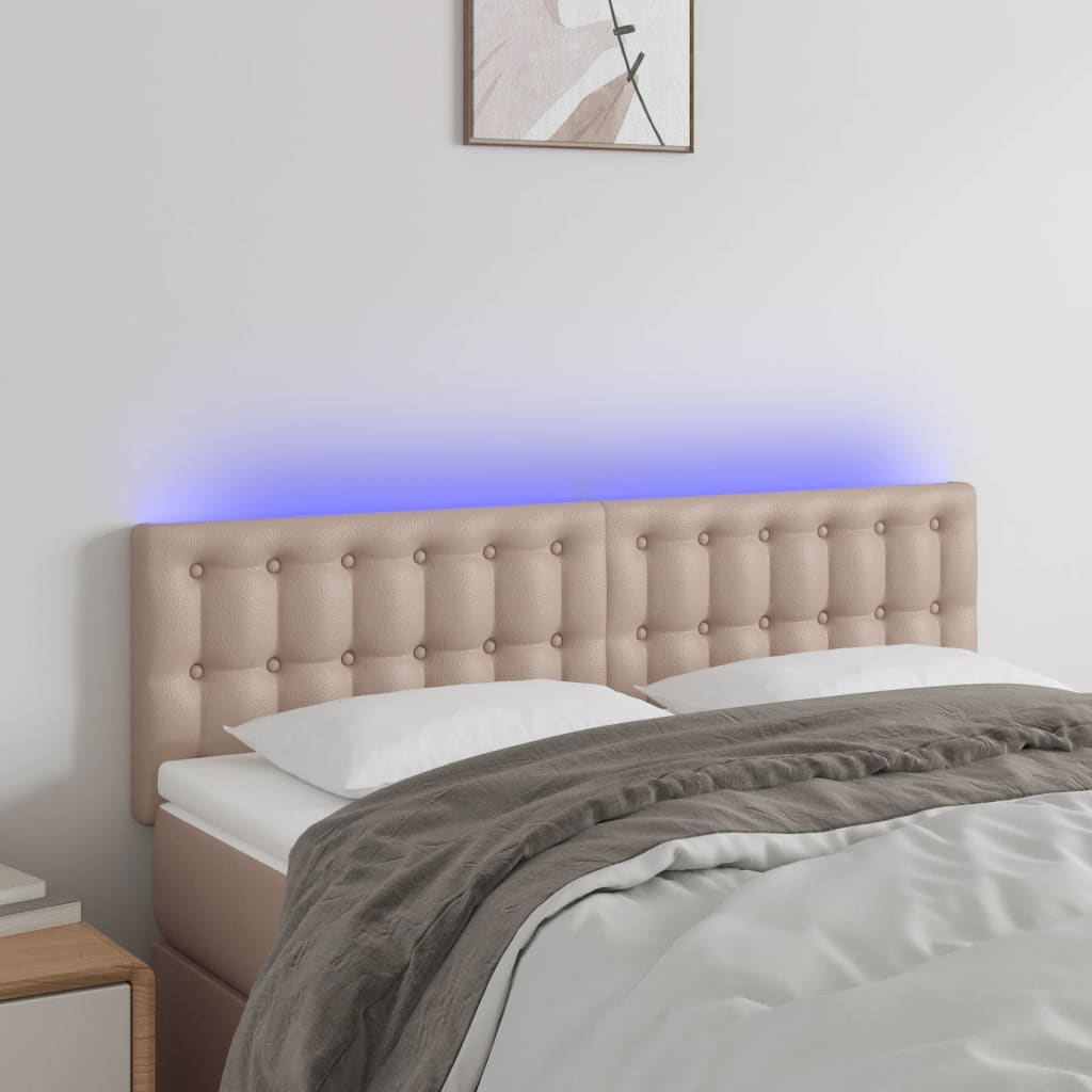 sengegavl med LED-lys 144x5x78/88cm kunstlæder cappuccinofarvet