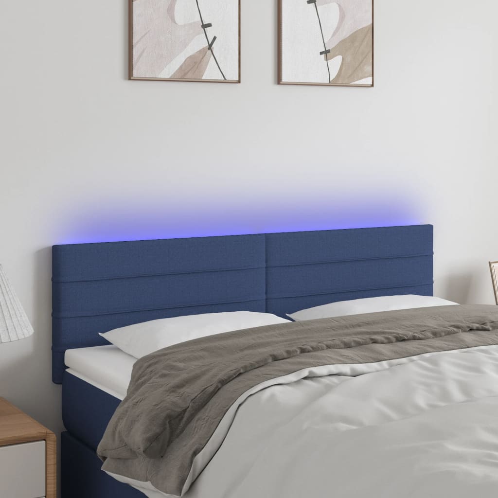 sengegavl med LED-lys 144x5x78/88 cm stof blå