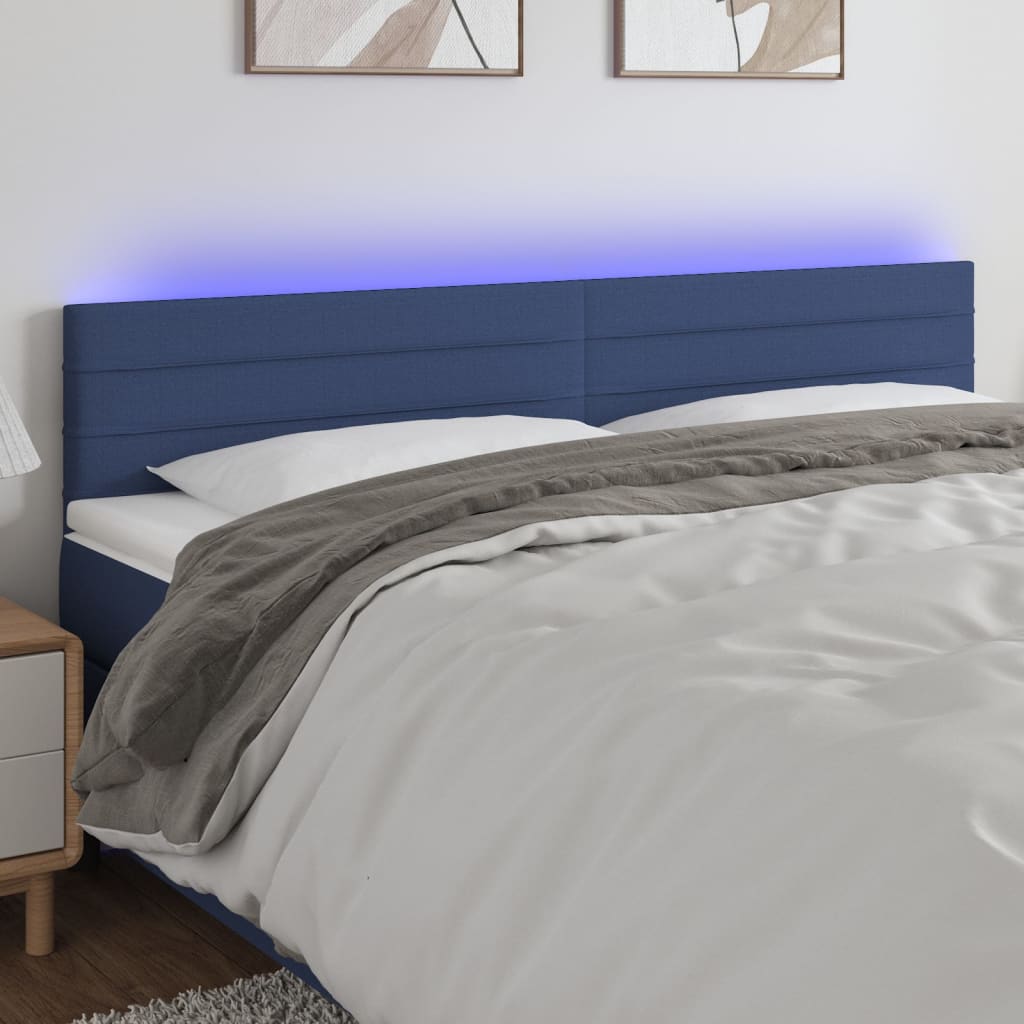 sengegavl med LED-lys 200x5x78/88 cm stof blå