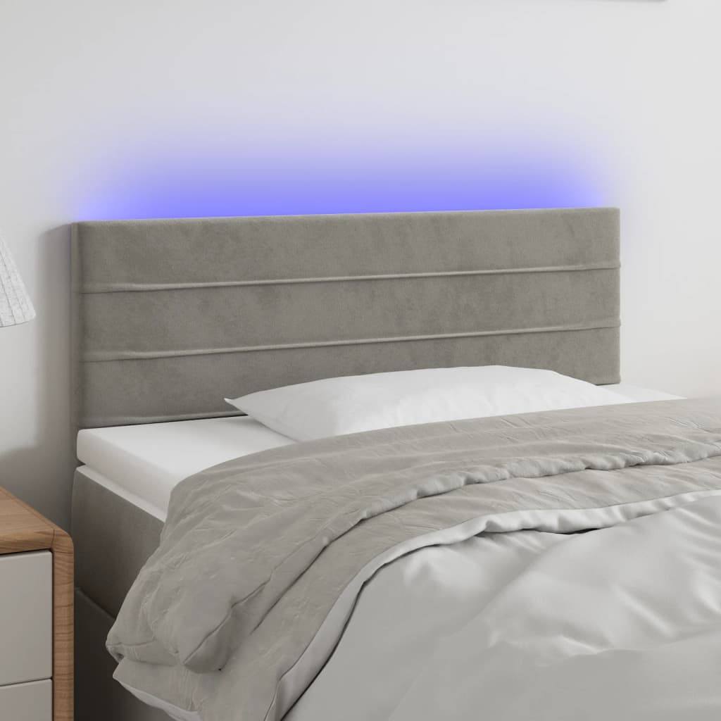 sengegavl med LED-lys 100x5x78/88 cm fløjl lysegrå