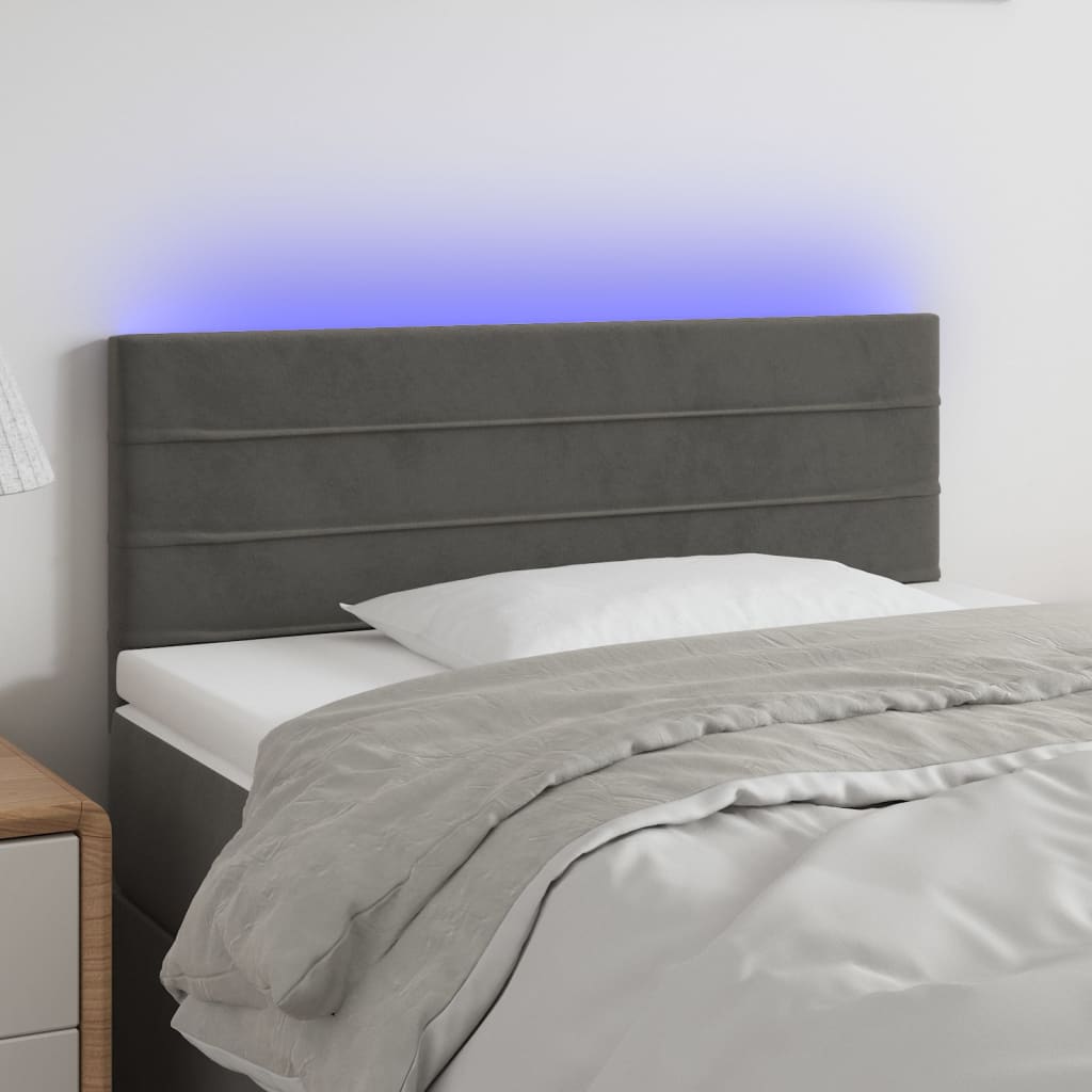 sengegavl med LED-lys 100x5x78/88 cm fløjl mørkegrå