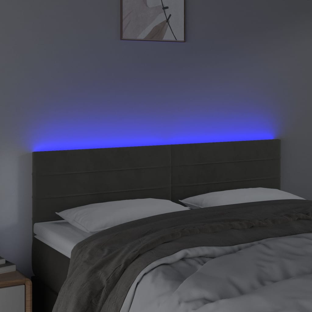 sengegavl med LED-lys 144x5x78/88 cm fløjl mørkegrå