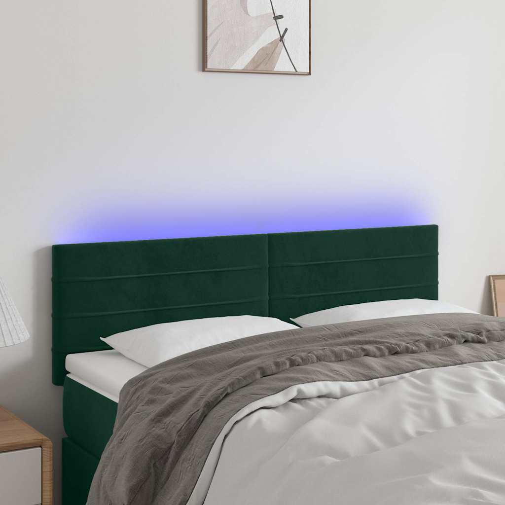 sengegavl med LED-lys 144x5x78/88 cm fløjl mørkegrøn