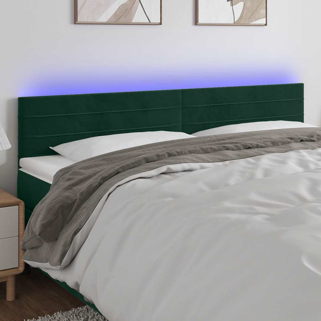 sengegavl med LED-lys 200x5x78/88 cm fløjl mørkegrøn